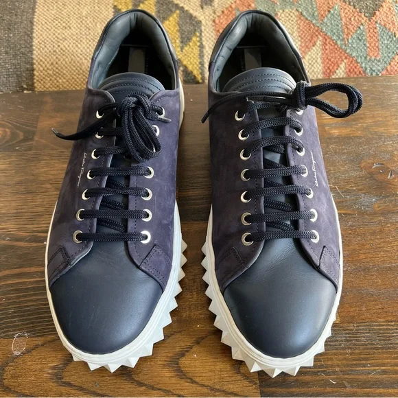 Salvatore Ferragamo $895 Cube Suede & Leather Low-Top Sneakers Navy - Picture 4 of 14